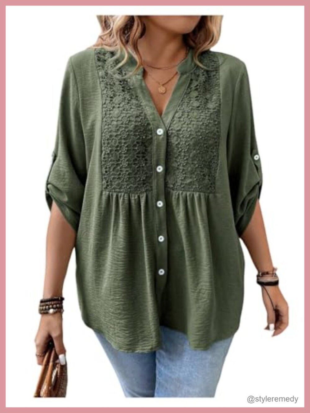 Plus Size Boho Button Down Blouse Notched V Neck Roll Up Sleeve Tunic Top